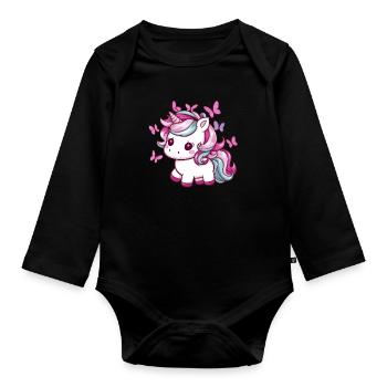 Kawaii Einhorn mit Schmetterlingen - Baby Bio-Langarm-Body - Schwarz - Vorne