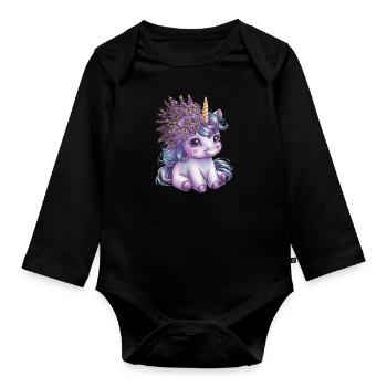 Unicorn with lilac in her hair loves flowers - Organic Longsleeve Baby Bodysuit - black - Front