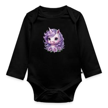 Licorne Kawaii aux fleurs violettes - Body Bébé bio manches longues - noir - Devant