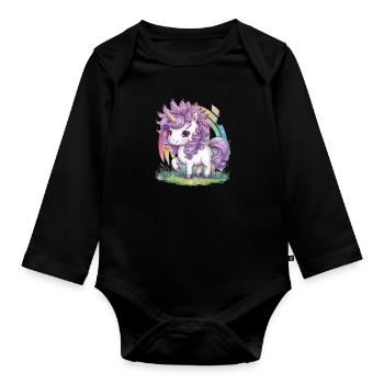 Unicorn with lilac in her hair loves flowers - Organic Longsleeve Baby Bodysuit - black - Front