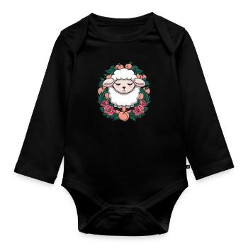 Kawaii sheep with peaches and roses - Organic Longsleeve Baby Bodysuit - black - Front