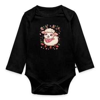 Kawaii Sheep with Cherries & Sakura Cherry Blossoms - Organic Longsleeve Baby Bodysuit - black - Front