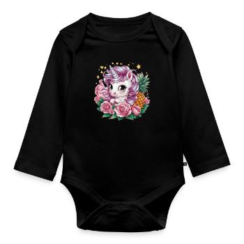 Cute Cartoon Kawaii Unicorn with Roses & Pineapple - Organic Longsleeve Baby Bodysuit - black - Front