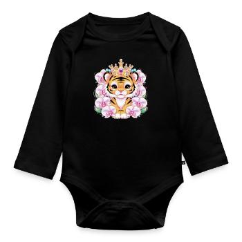 Kawaii Tiger mit Krone und prachtvollen Orchideen - Baby Bio-Langarm-Body - Schwarz - Vorne