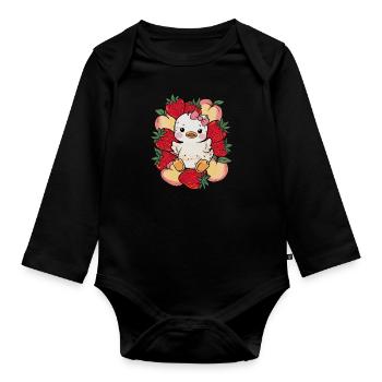 Dessin animé Kawaii Caneton aux pêches, fraises - Body Bébé bio manches longues - noir - Devant