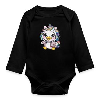 Dessin animé Kawaii Caneton avec tenue de licorne - Body Bébé bio manches longues - noir - Devant