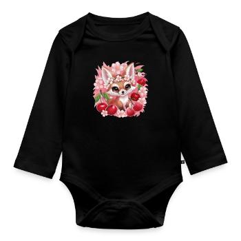 Kawaii Fox with Cherries and Sakura Cherry Blossoms - Organic Longsleeve Baby Bodysuit - black - Front