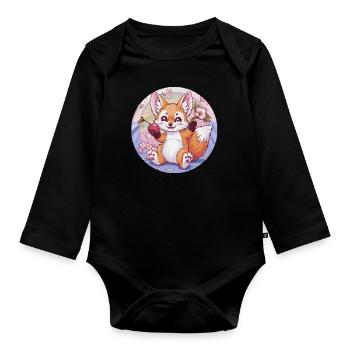 Kawaii Fox with Cherries and Sakura Cherry Blossoms - Organic Longsleeve Baby Bodysuit - black - Front