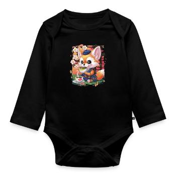 Cartoon Kawaii Fennec Desert Fox with Green Tea - Organic Longsleeve Baby Bodysuit - black - Front