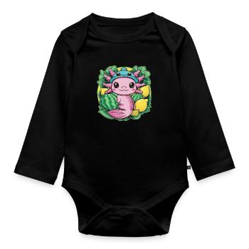 Kawaii Axolotl with Lemons and Watermelons - Organic Longsleeve Baby Bodysuit - black - Front