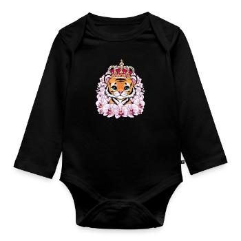 Kawaii Tiger mit Krone und prachtvollen Orchideen - Baby Bio-Langarm-Body - Schwarz - Vorne