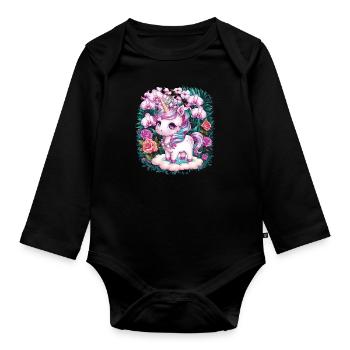 Licorne kawaii avec des roses et des orchidées - Body Bébé bio manches longues - noir - Devant