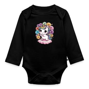 Licorne Kawaii avec des bonbons - Body Bébé bio manches longues - noir - Devant