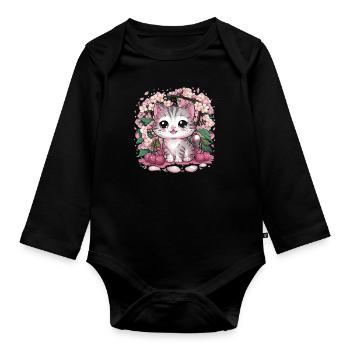Kawaii Katze mit Kirschblüten und Kirschen - Baby Bio-Langarm-Body - Schwarz - Vorne