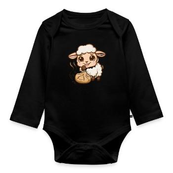 Kawaii sheep with stuffed dumpling - Organic Longsleeve Baby Bodysuit - black - Front