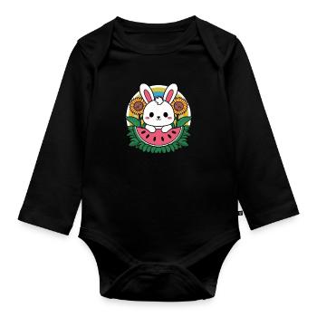 Lapin kawaii au tournesol et pastèque - Body Bébé bio manches longues - noir - Devant