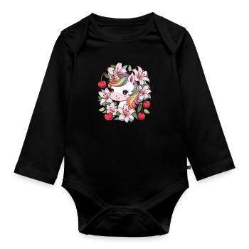 Dessin animé Licorne Kawaii avec des cerises et des lys - Body Bébé bio manches longues - noir - Devant