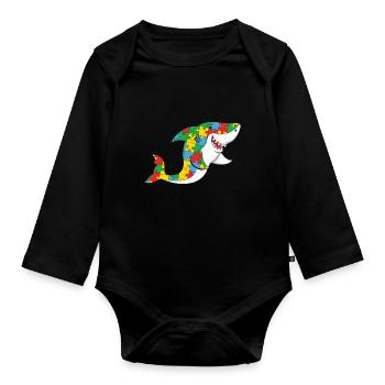 Autism Colorful Shark Puzzle Design - Organic Longsleeve Baby Bodysuit - black - Front