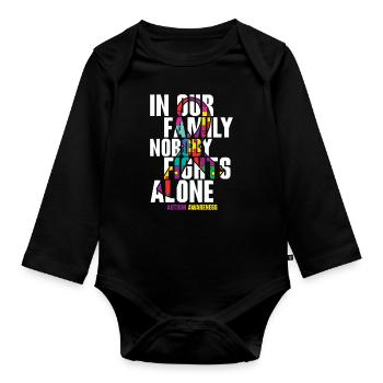 In our family, no one fights autism alone - Organic Longsleeve Baby Bodysuit - black - Front