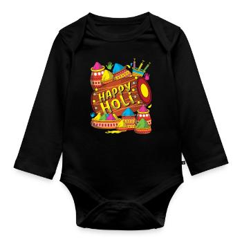 Fröhliches Holi Festival Buntes Pulver und Trommel - Baby Bio-Langarm-Body - Schwarz - Vorne