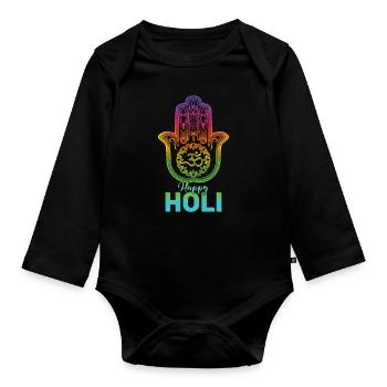Festival Holi : Happy Holi Hamsa Hand Design - Body Bébé bio manches longues - noir - Devant