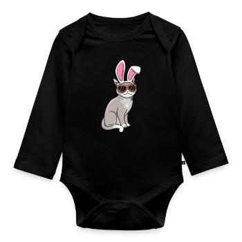 Chat de Pâques cool avec des oreilles de lapin - Body Bébé bio manches longues - noir - Devant