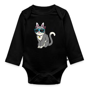 Chat cool avec des oreilles de lapin de Pâques - Body Bébé bio manches longues - noir - Devant