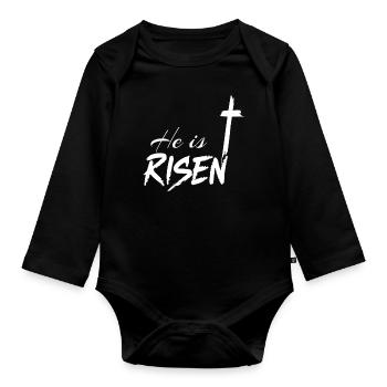 Ostern He Is Risen Kreuz Botschaft - Baby Bio-Langarm-Body - Schwarz - Vorne