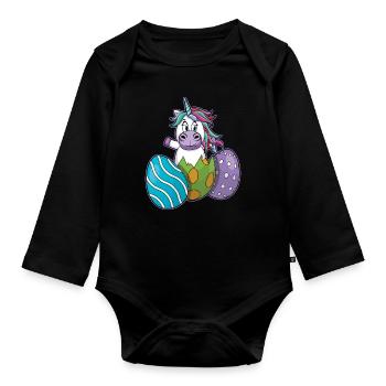 Cheerful unicorn with Easter eggs - Organic Longsleeve Baby Bodysuit - black - Front