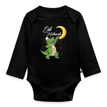 Dinosaure de l’Aïd Moubarak avec croissant de lune et confettis - Body Bébé bio manches longues - noir - Devant