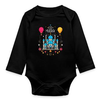Eid Mubarak Feierliche Moschee und Heißluftballons - Baby Bio-Langarm-Body - Schwarz - Vorne