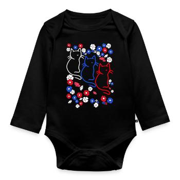 80s 90s Retro Cat Cats Flowers Flower - Organic Longsleeve Baby Bodysuit - black - Front