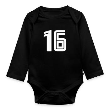 Maillot numéro 16 – Cadeau anniversaire 16 ans - Body Bébé bio manches longues - noir - Devant