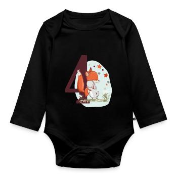 Birthday Number 4 Fox and Bunny Birthday Shirt - Organic Longsleeve Baby Bodysuit - black - Front