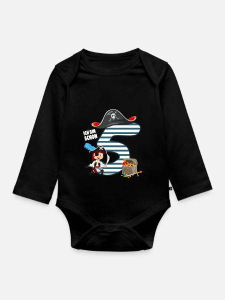 5 Jahre alt Geburtstag Junge Pirat Party Geschenk - Baby Bio-Langarm-Body - Schwarz