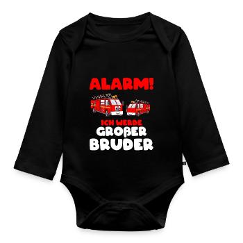 Ich werde großer Bruder 2020 Shirt Feuerwehrauto - Baby Bio-Langarm-Body - Schwarz - Vorne