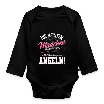 Echte Mädchen Angeln Spruch Anglerin Fischerin - Baby Bio-Langarm-Body - Schwarz - Vorne