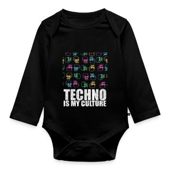 Techno Is My Culture Skull Design Geschenk - Baby Bio-Langarm-Body - Schwarz - Vorne
