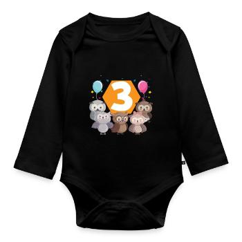 3rd Birthday Baby Three 3 Forest Animals - Organic Longsleeve Baby Bodysuit - black - Front