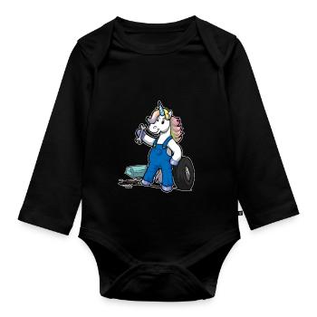 Funny Comic Unicorn Car Mechanic Gift - Organic Longsleeve Baby Bodysuit - black - Front