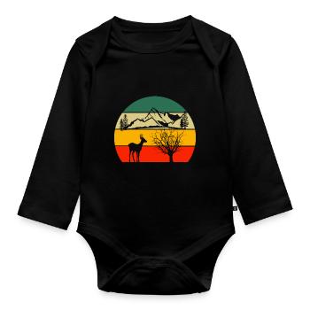 Berge Wandern Hirsch Wald Tier Retro Natur - Baby Bio-Langarm-Body - Schwarz - Vorne