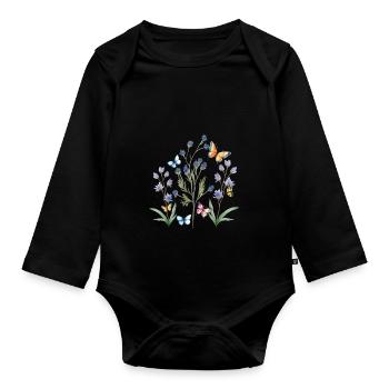 colorful flower meadow with butterflies - Organic Longsleeve Baby Bodysuit - black - Front