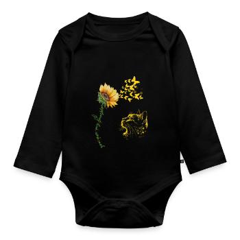 Chat avec Tournesol et Papillons Peinture - Body Bébé bio manches longues - noir - Devant