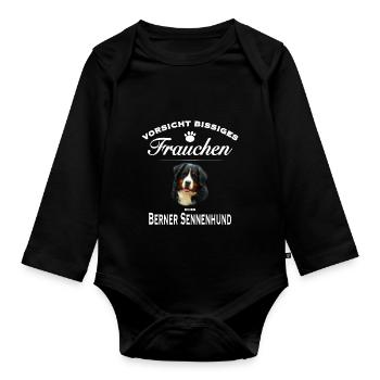 Vorsicht - Bissiges Frauchen - Berner Sennenhund - Baby Bio-Langarm-Body - Schwarz - Vorne