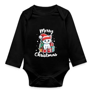 Kitten and Merry Christmas - Organic Longsleeve Baby Bodysuit - black - Front