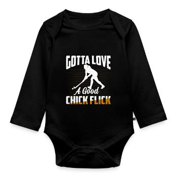 Gotta Love A Good Chick Flick Woman Field Hockey - Baby Bio-Langarm-Body - Schwarz - Vorne