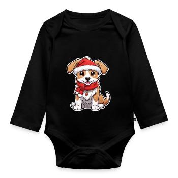 Dog with Christmas Hat - Organic Longsleeve Baby Bodysuit - black - Front