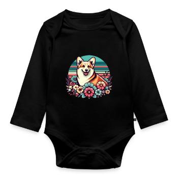 Welsh Corgi Pembroke Retro Pastel Floral - Organic Longsleeve Baby Bodysuit - black - Front