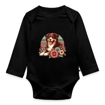 Australian Shepherd red tri Pastel Retro Flowers - Organic Longsleeve Baby Bodysuit - black - Front