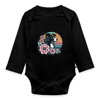 Border Collie Retro Pastel Floral Black White - Organic Longsleeve Baby Bodysuit - black - Front